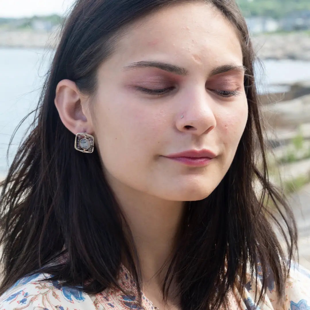 Tiny sterling silver hammered square earrings with tourmalinated quartz and pink quartz gemstones in gold filled wire with built in sterling earring hooks that wear like a post earring