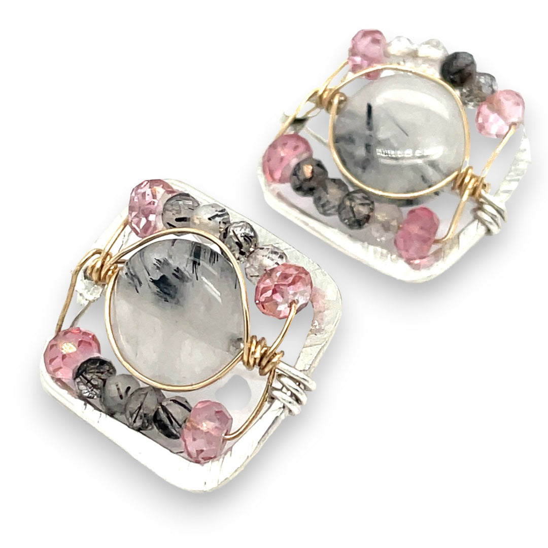 Tiny sterling silver hammered square earrings with tourmalinated quartz and pink quartz gemstones in gold filled wire with built in sterling earring hooks that wear like a post earring