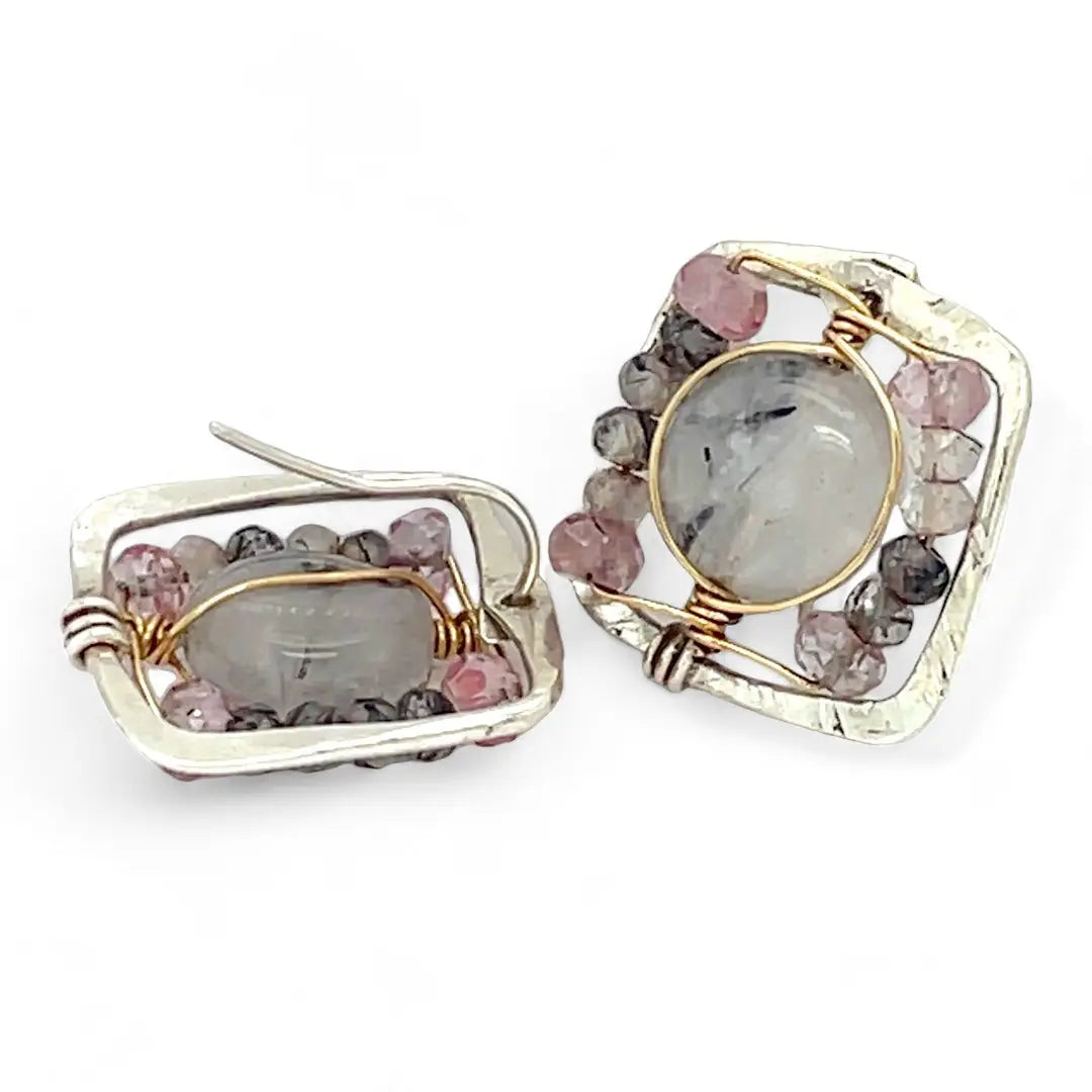 Tiny sterling silver hammered square earrings with tourmalinated quartz and pink quartz gemstones in gold filled wire with built in sterling earring hooks that wear like a post earring