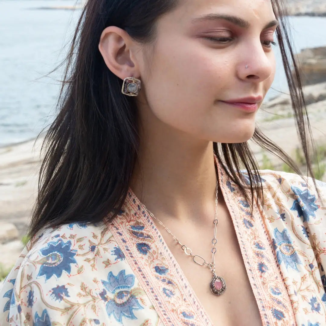 Tiny sterling silver hammered square earrings with tourmalinated quartz and pink quartz gemstones in gold filled wire with built in sterling earring hooks that wear like a post earring