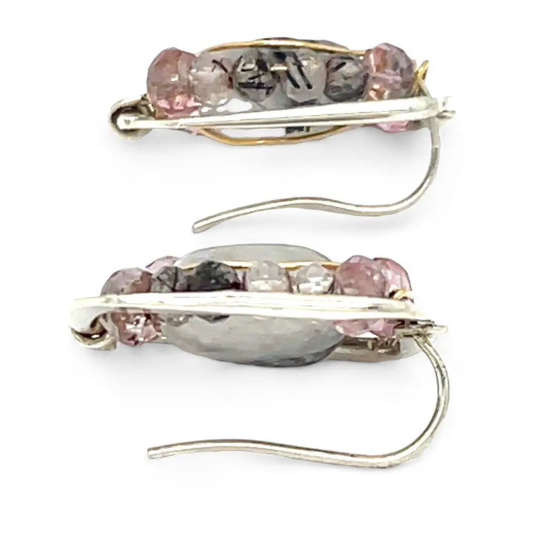Tiny sterling silver hammered square earrings with tourmalinated quartz and pink quartz gemstones in gold filled wire with built in sterling earring hooks that wear like a post earring