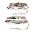 Tiny sterling silver hammered square earrings with tourmalinated quartz and pink quartz gemstones in gold filled wire with built in sterling earring hooks that wear like a post earring