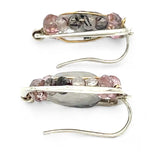 Tiny sterling silver hammered square earrings with tourmalinated quartz and pink quartz gemstones in gold filled wire with built in sterling earring hooks that wear like a post earring