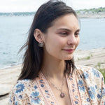 Tiny sterling silver hammered square earrings with tourmalinated quartz and pink quartz gemstones in gold filled wire with built in sterling earring hooks that wear like a post earring