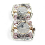 Tiny sterling silver hammered square earrings with tourmalinated quartz and pink quartz gemstones in gold filled wire with built in sterling earring hooks that wear like a post earring