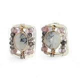 Tiny sterling silver hammered square earrings with tourmalinated quartz and pink quartz gemstones in gold filled wire with built in sterling earring hooks that wear like a post earring
