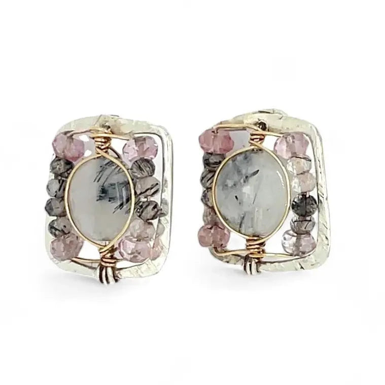 Tiny sterling silver hammered square earrings with tourmalinated quartz and pink quartz gemstones in gold filled wire with built in sterling earring hooks that wear like a post earring