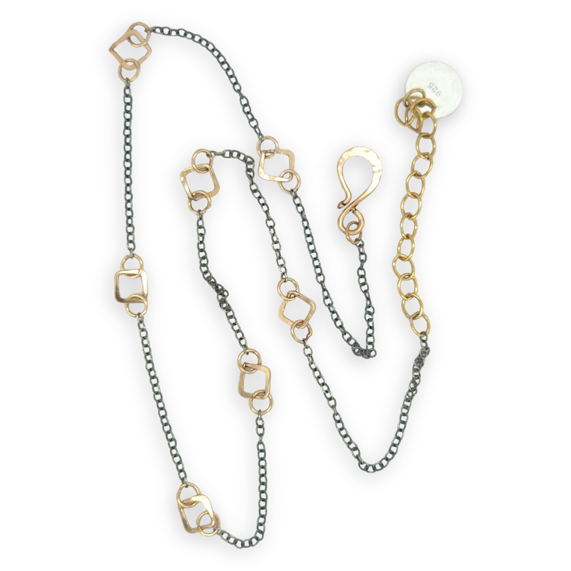 Gold filled hammered mini squares and rings interspersed between darkened sterling silver dainty chain necklace