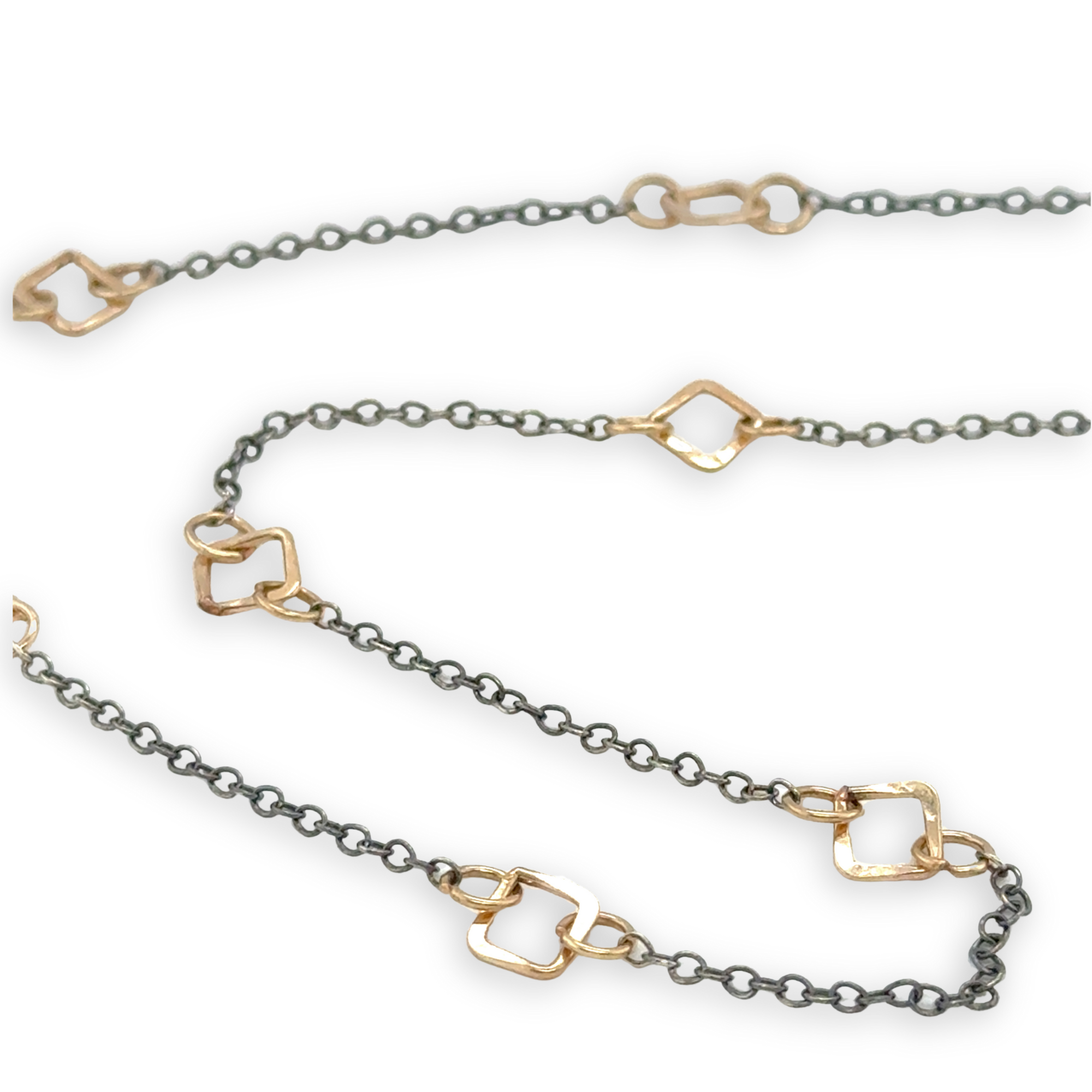 Gold filled hammered mini squares and rings interspersed between darkened sterling silver dainty chain necklace