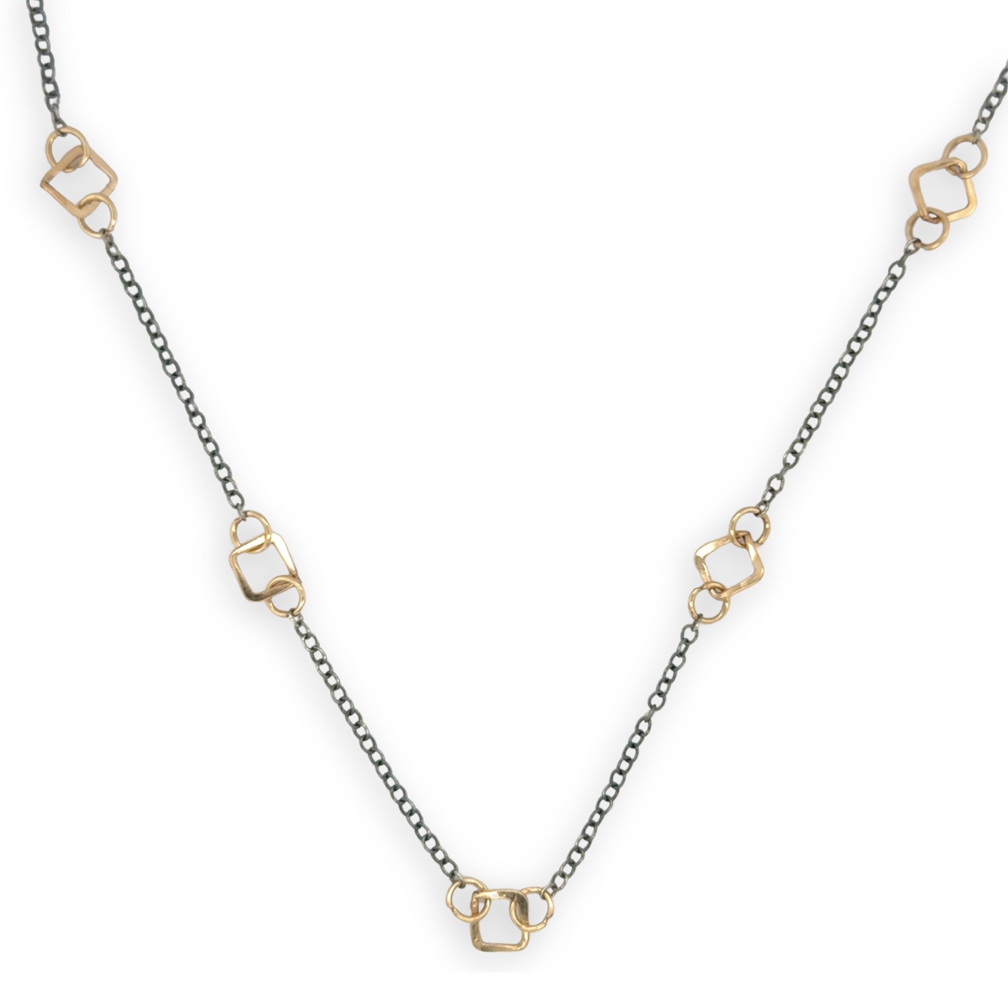 Gold filled hammered mini squares and rings interspersed between darkened sterling silver dainty chain necklace