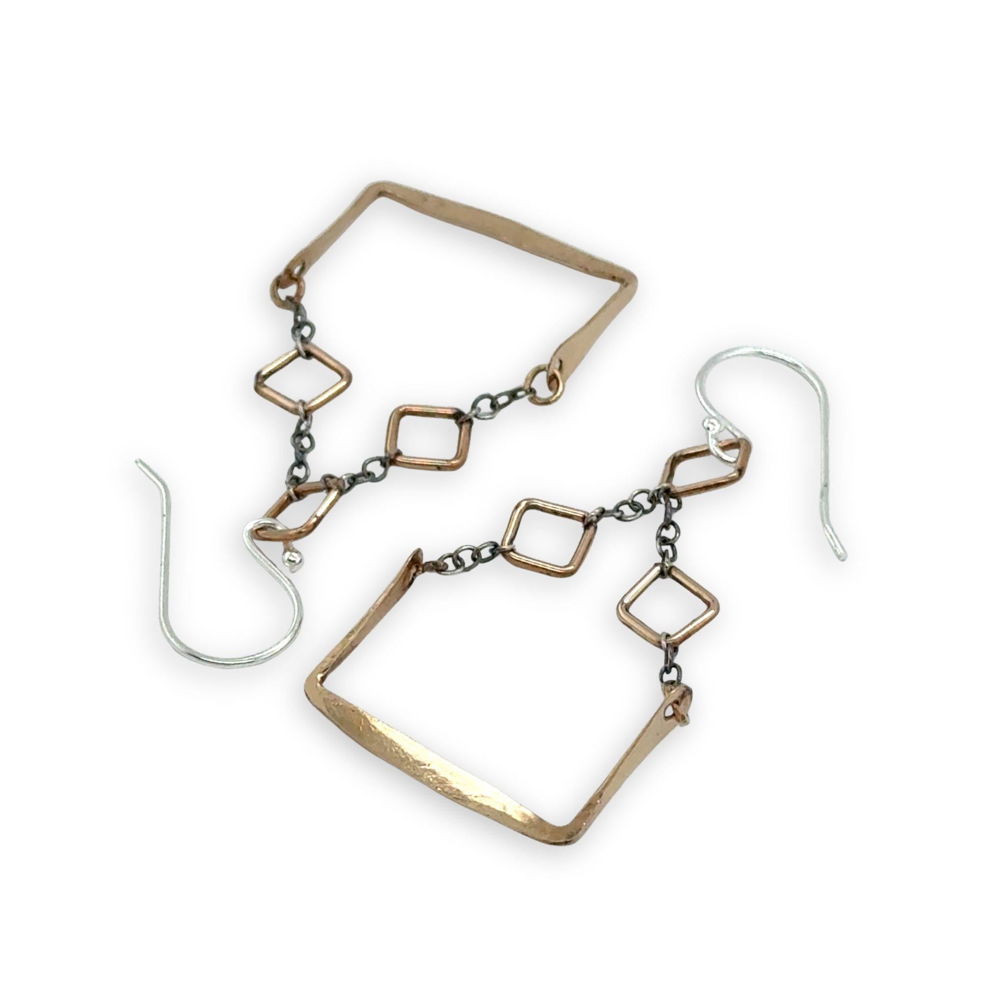 gold filled squares and hammered rectangle boxes with darkened sterling silver delicate chain earrings