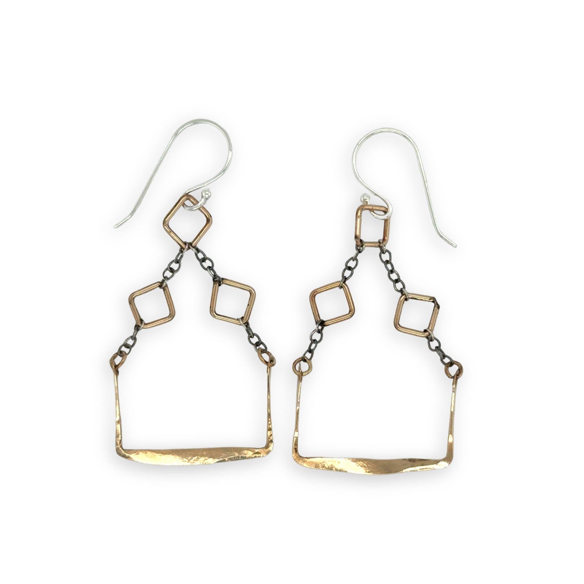 gold filled squares and hammered rectangle boxes with darkened sterling silver delicate chain earrings