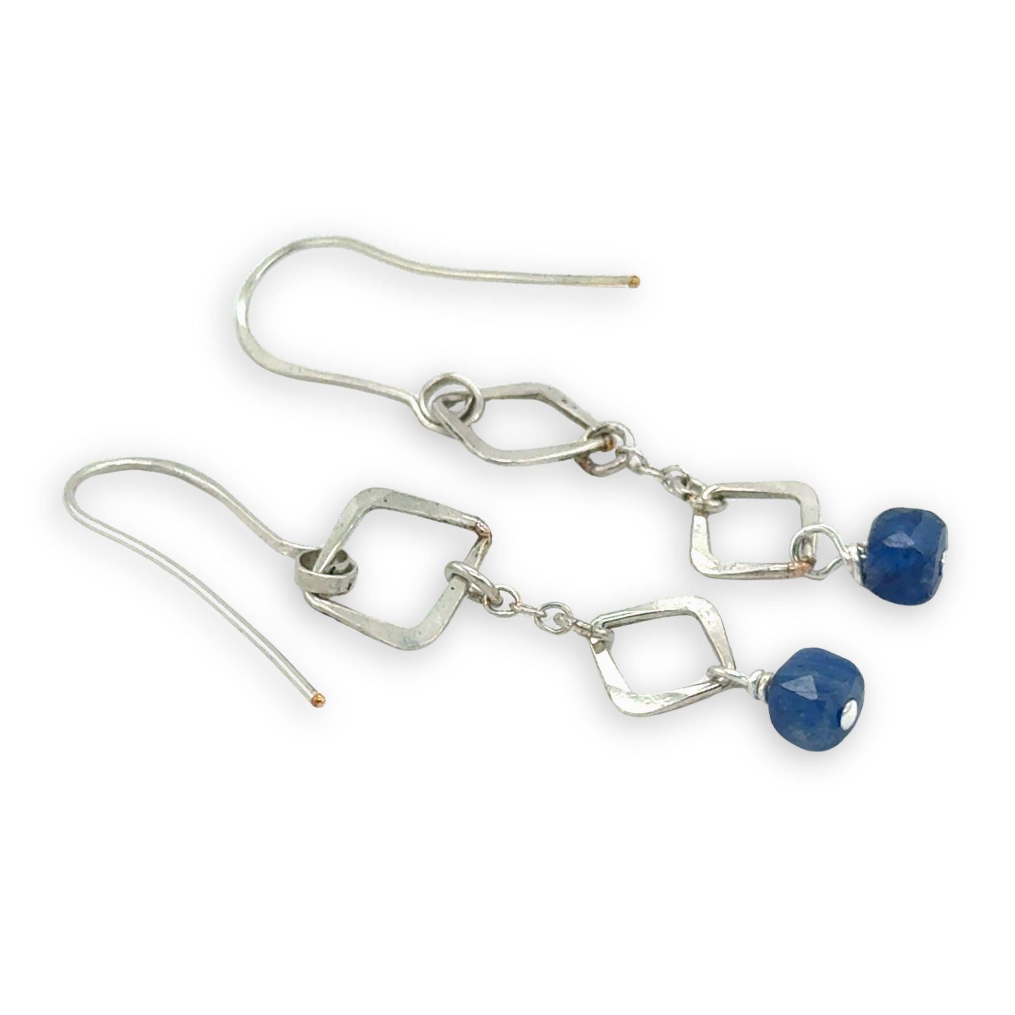 Mini earrings with handmade hammered sterling silver quartz, delicate chain, and kyanite cube gemstone dangles