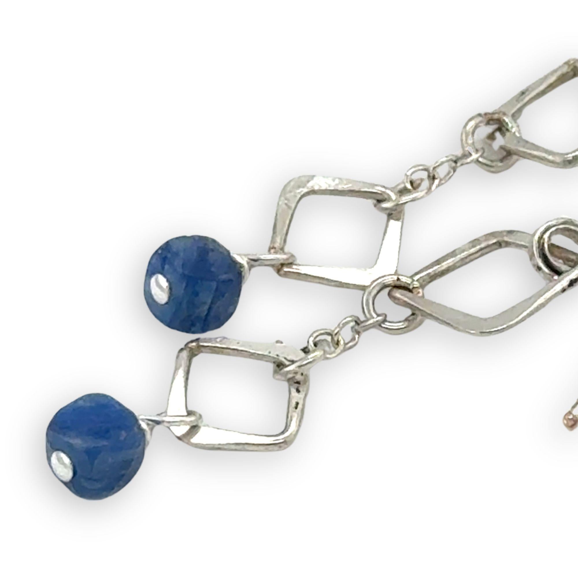 Mini earrings with handmade hammered sterling silver quartz, delicate chain, and kyanite cube gemstone dangles