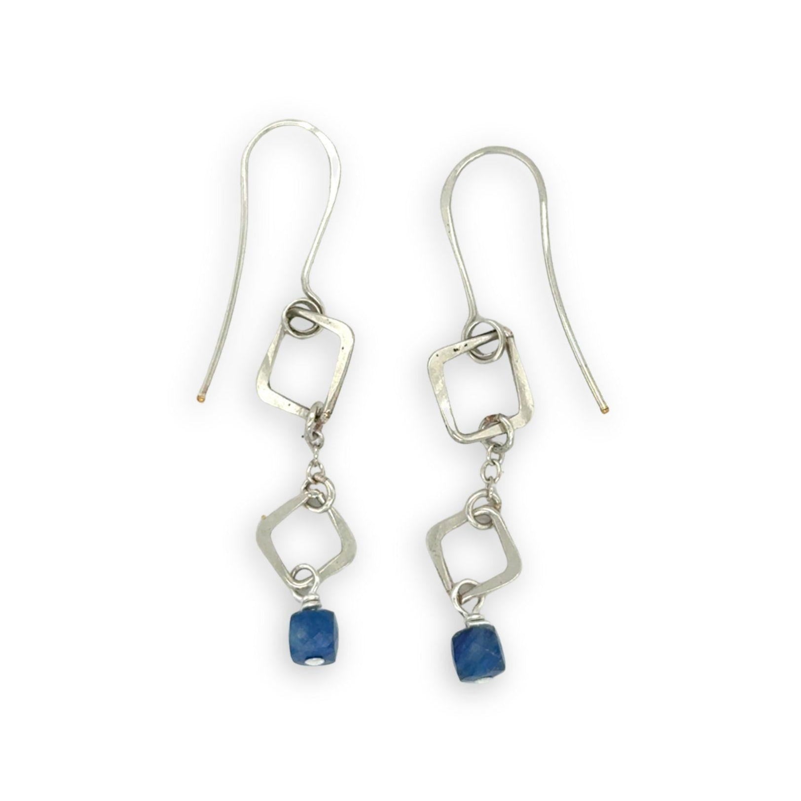 Mini earrings with handmade hammered sterling silver quartz, delicate chain, and kyanite cube gemstone dangles