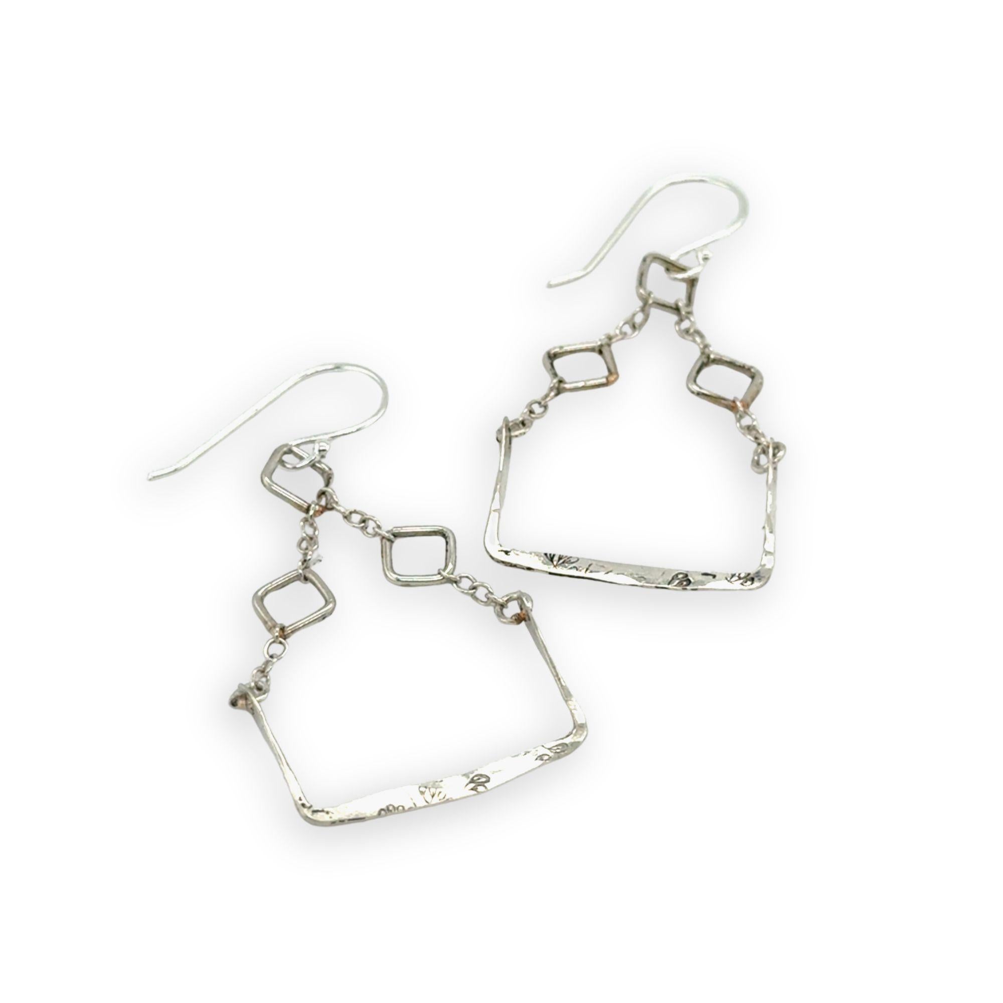 hammered sterling silver floral stamped boxes on sterling silver chain top earrings