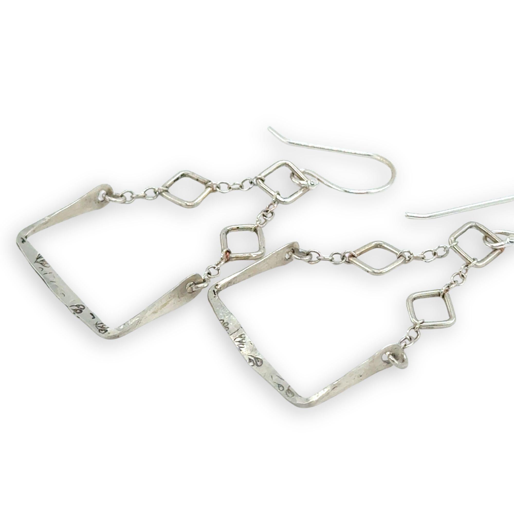 hammered sterling silver floral stamped boxes on sterling silver chain top earrings