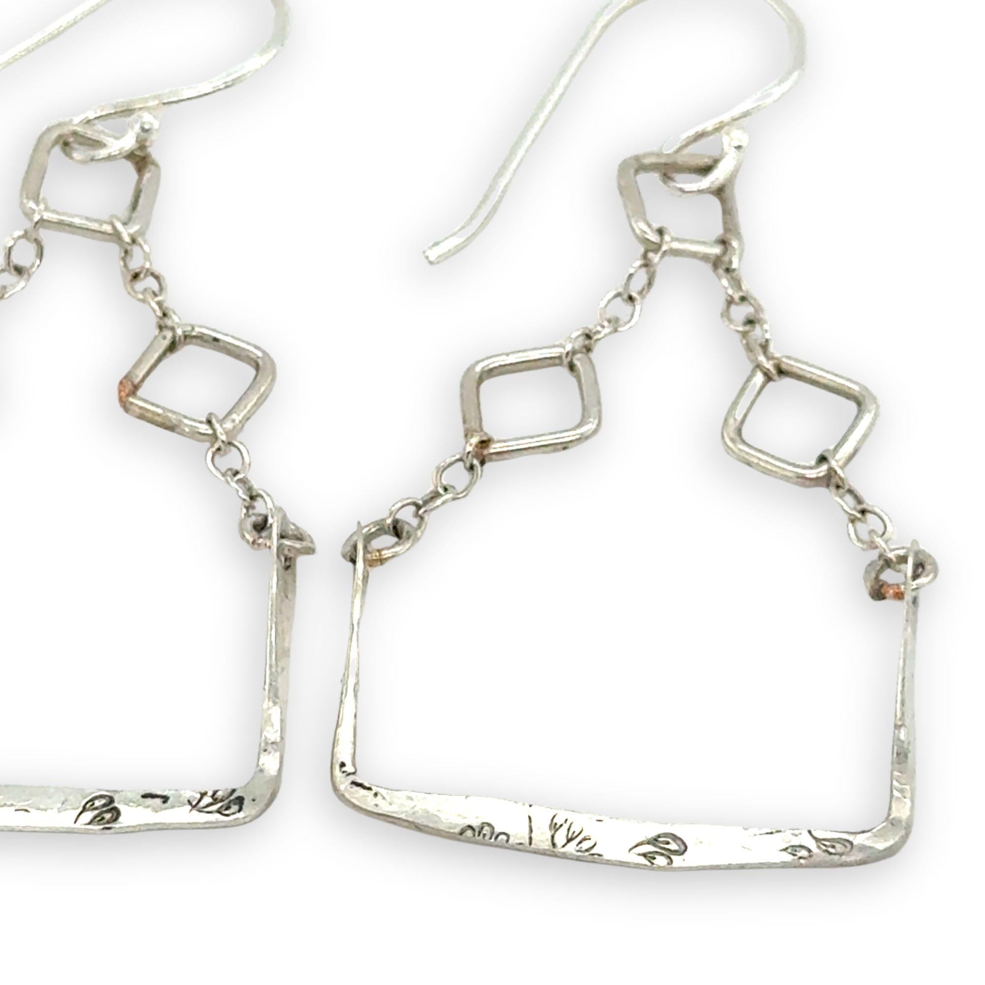 hammered sterling silver floral stamped boxes on sterling silver chain top earrings