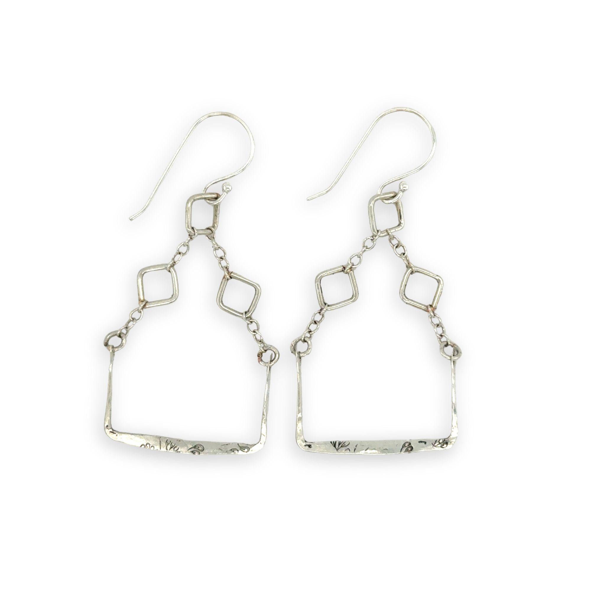 hammered sterling silver floral stamped boxes on sterling silver chain top earrings