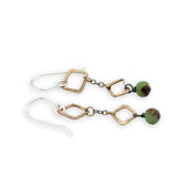 Hammered mini gold filled squares and darkened sterling silver chain with chrysoprase cube gemstone dangles mini earrings