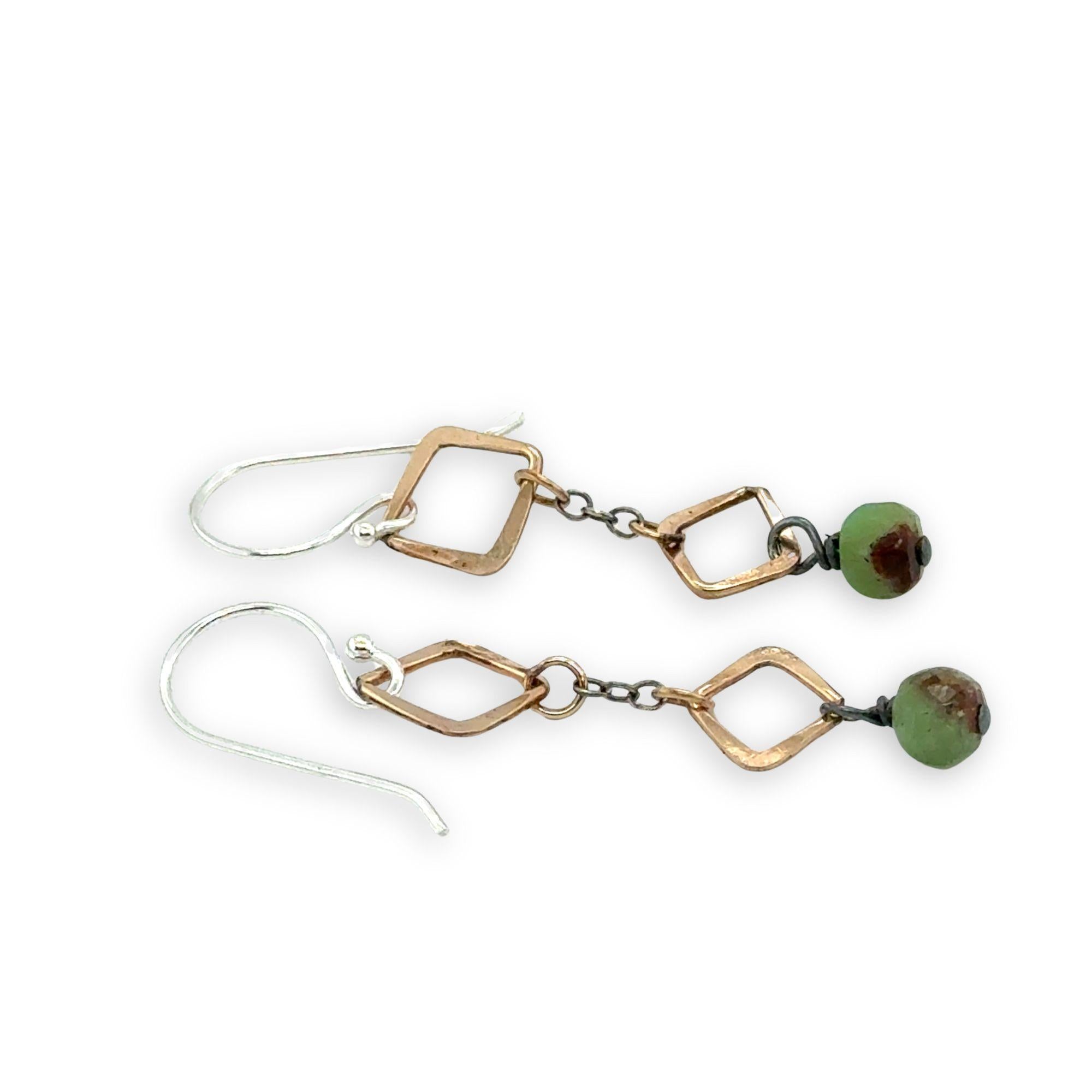 Hammered mini gold filled squares and darkened sterling silver chain with chrysoprase cube gemstone dangles mini earrings