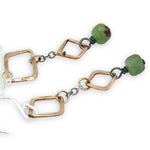 Hammered mini gold filled squares and darkened sterling silver chain with chrysoprase cube gemstone dangles mini earrings