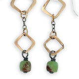 Hammered mini gold filled squares and darkened sterling silver chain with chrysoprase cube gemstone dangles mini earrings
