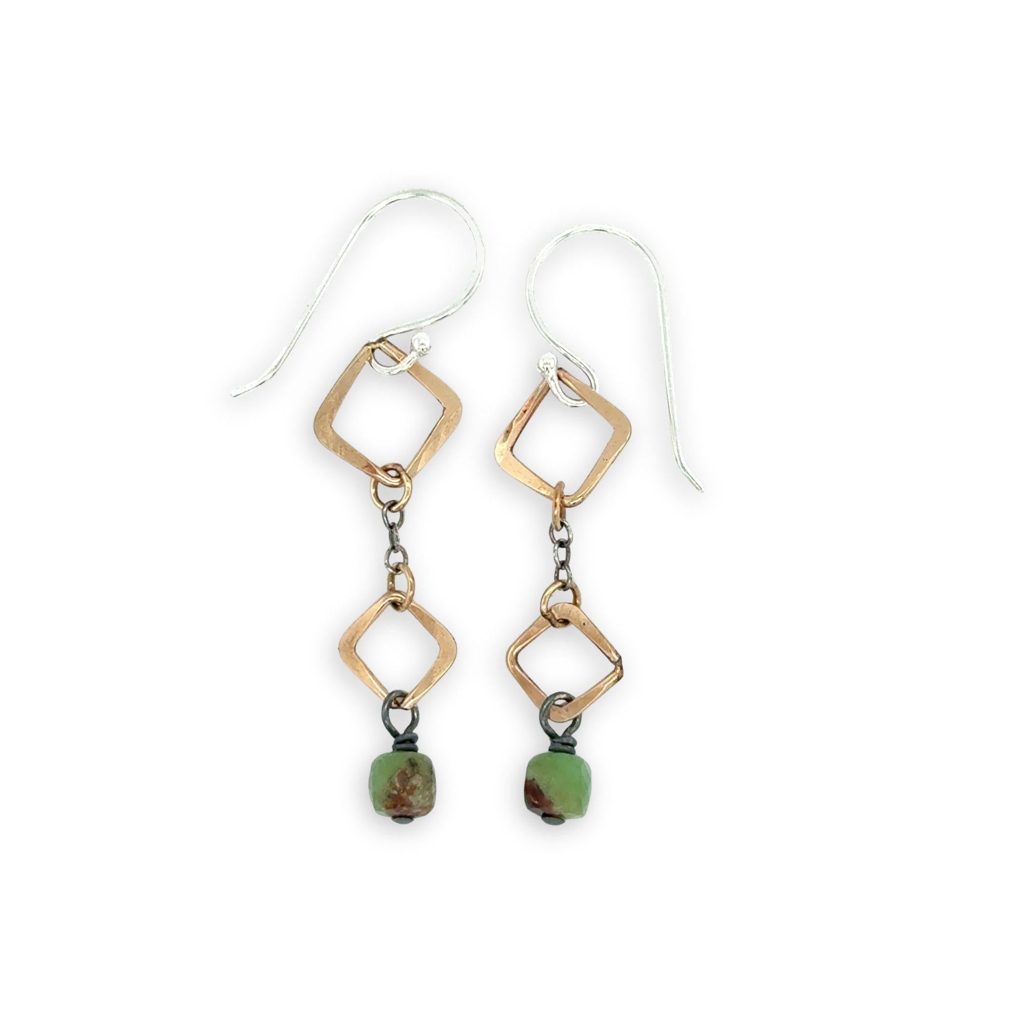 Hammered mini gold filled squares and darkened sterling silver chain with chrysoprase cube gemstone dangles mini earrings