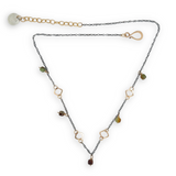 gold filled hammered squares and rings interspersed with darkened sterling silver chain and chrysoprase gemstone charms necklace