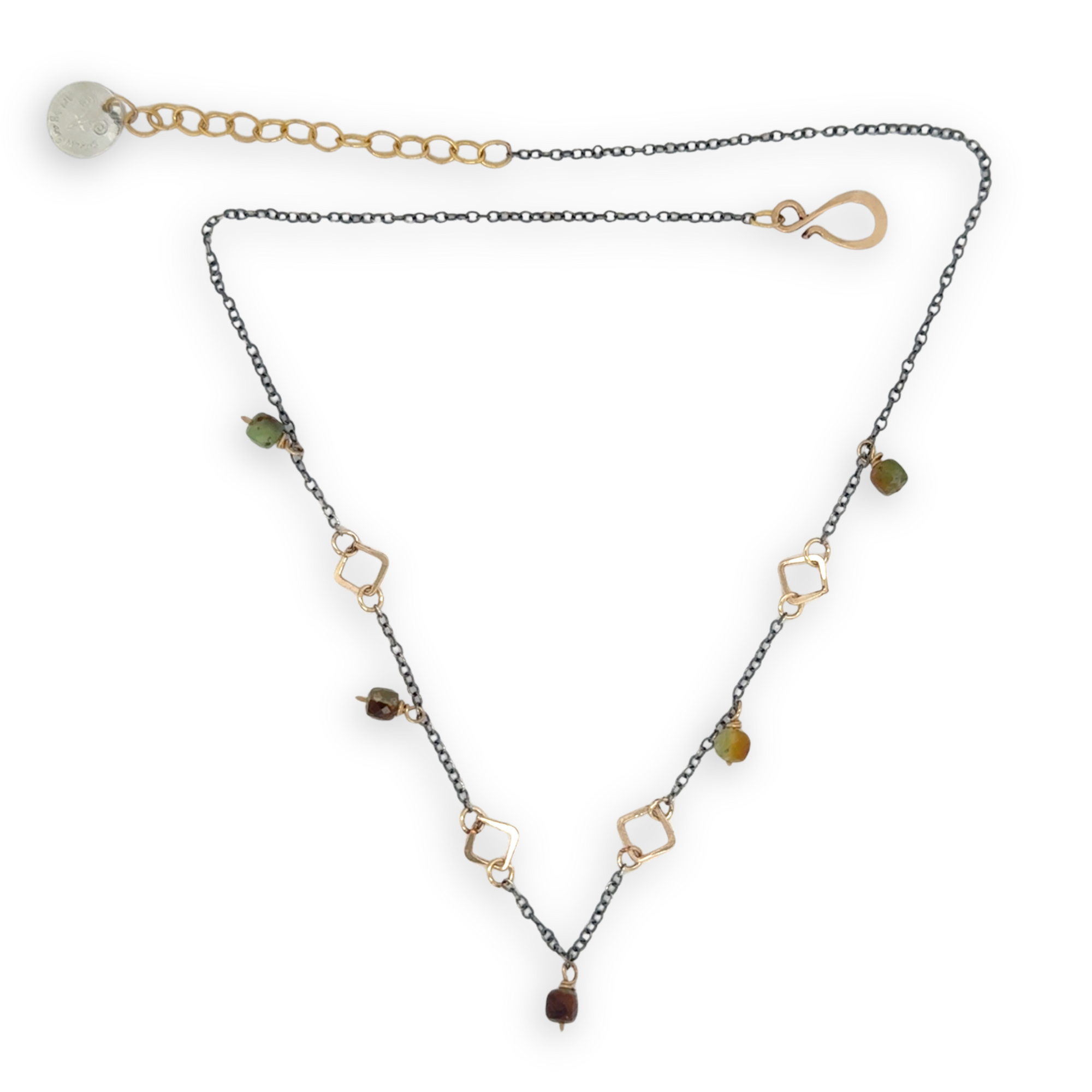 gold filled hammered squares and rings interspersed with darkened sterling silver chain and chrysoprase gemstone charms necklace