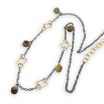 gold filled hammered squares and rings interspersed with darkened sterling silver chain and chrysoprase gemstone charms necklace
