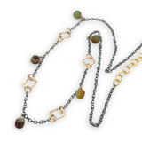 gold filled hammered squares and rings interspersed with darkened sterling silver chain and chrysoprase gemstone charms necklace