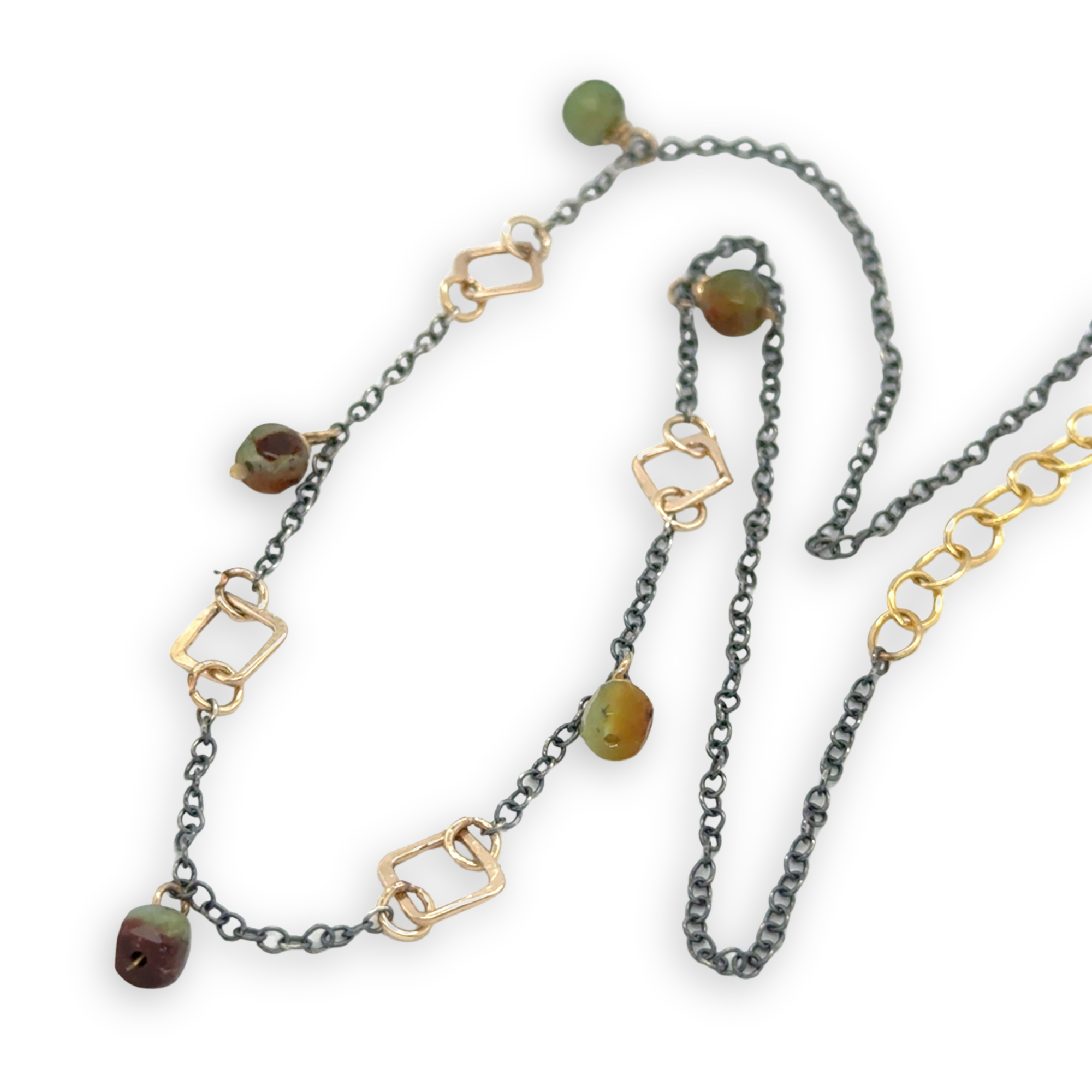 gold filled hammered squares and rings interspersed with darkened sterling silver chain and chrysoprase gemstone charms necklace