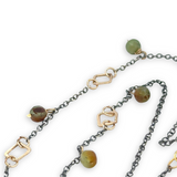 gold filled hammered squares and rings interspersed with darkened sterling silver chain and chrysoprase gemstone charms necklace