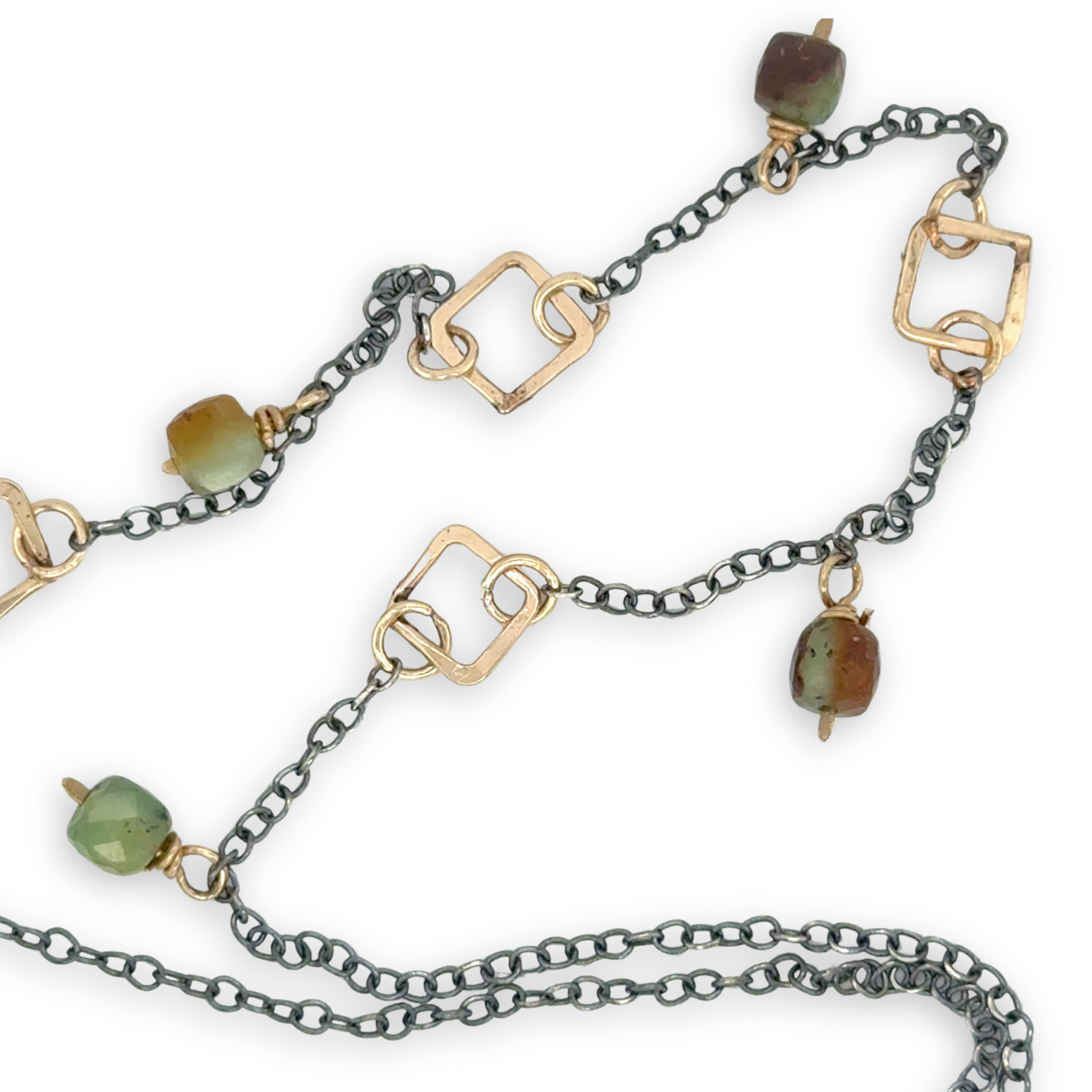 gold filled hammered squares and rings interspersed with darkened sterling silver chain and chrysoprase gemstone charms necklace
