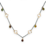 gold filled hammered squares and rings interspersed with darkened sterling silver chain and chrysoprase gemstone charms necklace