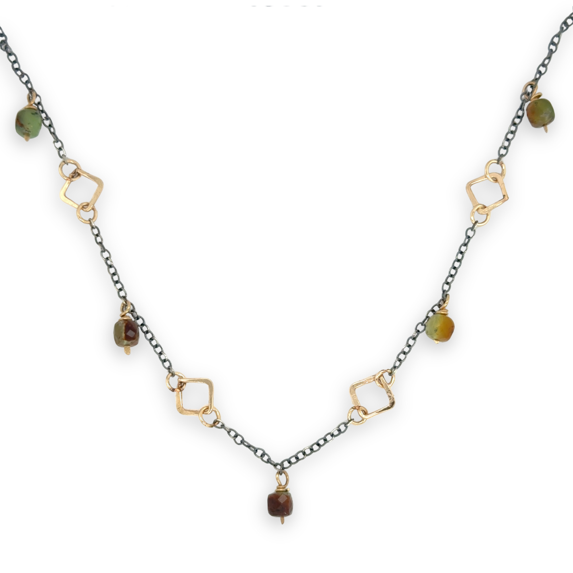 gold filled hammered squares and rings interspersed with darkened sterling silver chain and chrysoprase gemstone charms necklace