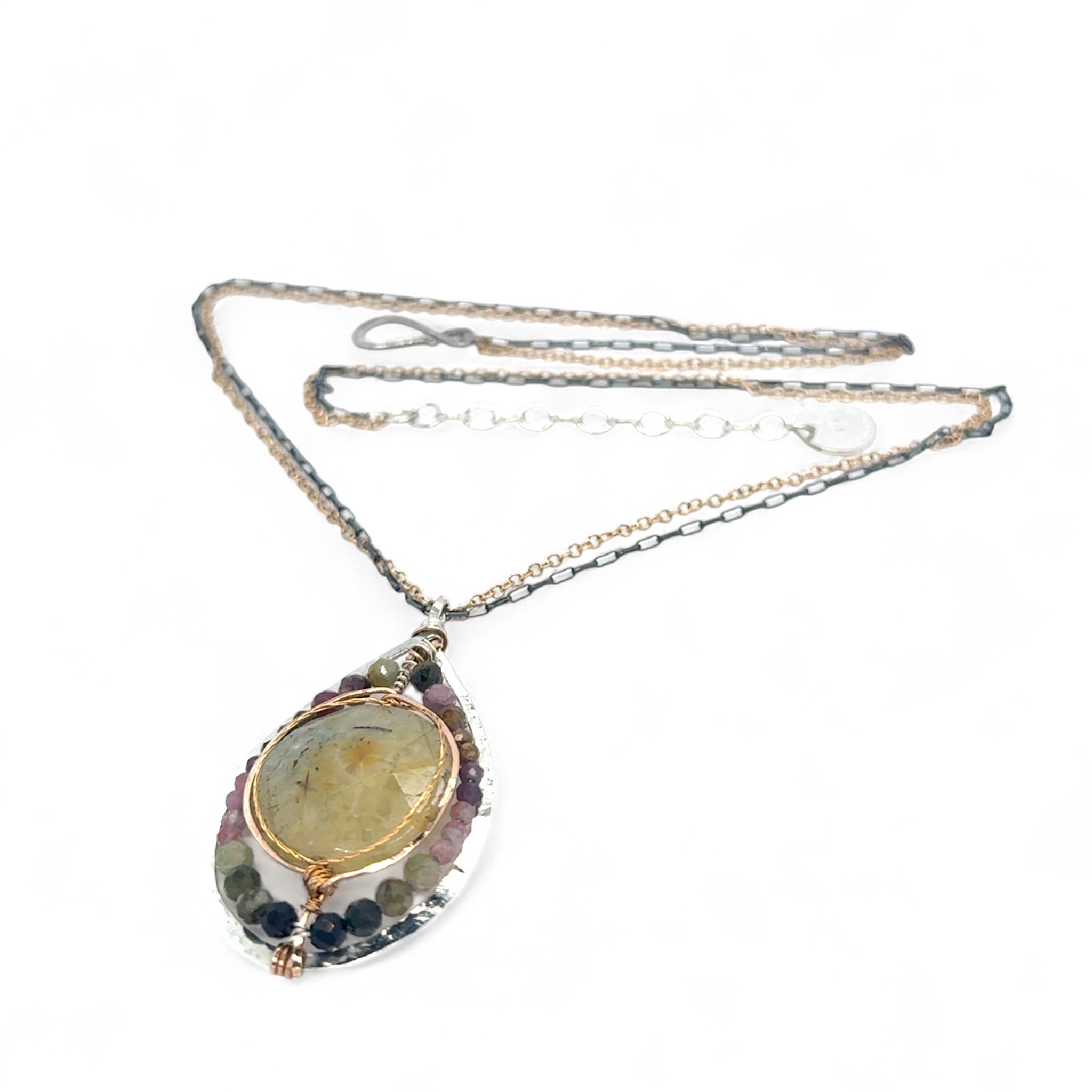 Sterling silver drop necklace with round faceted prehnite gemstone, accented with watermelon tourmaline. Oxidized sterling silver and gold-filled delicate double chain
