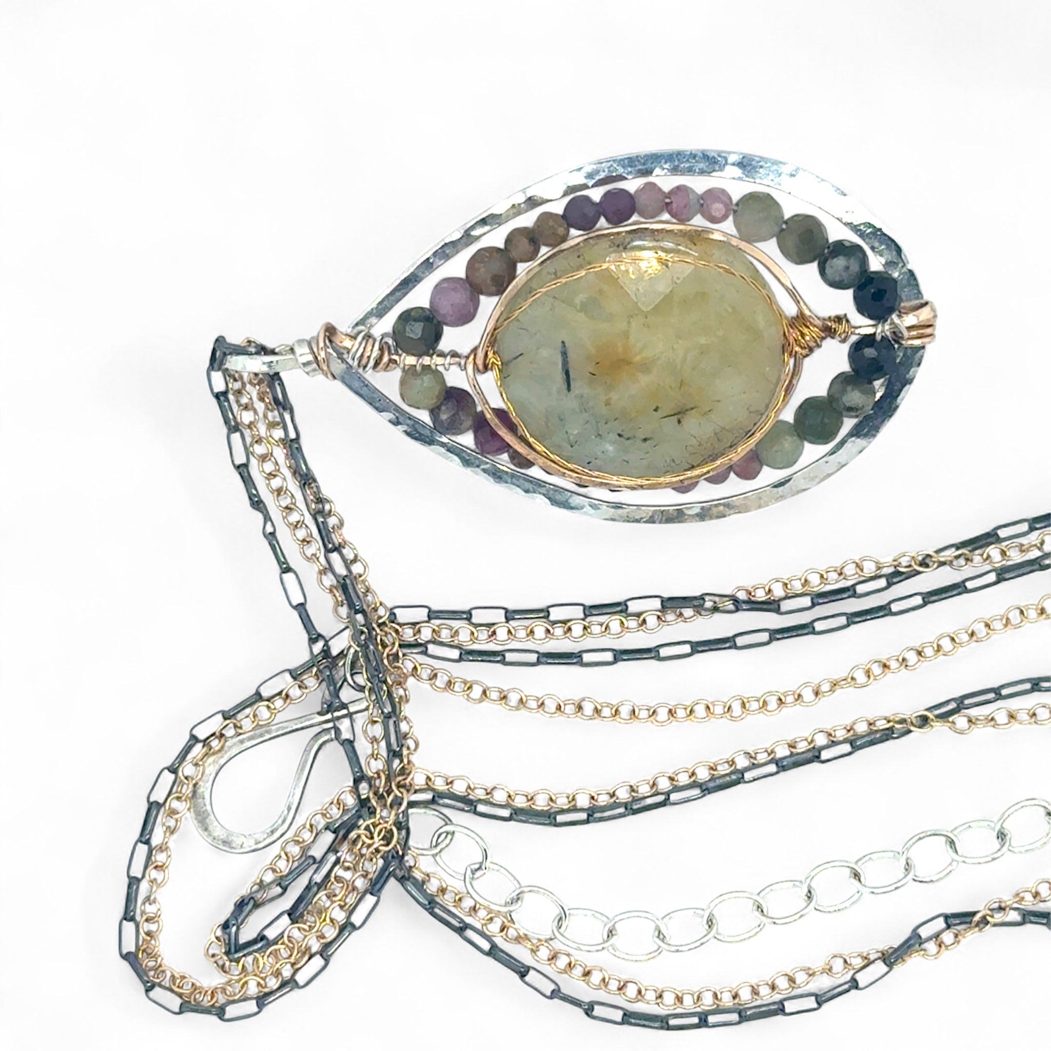 Sterling silver drop necklace with round faceted prehnite gemstone, accented with watermelon tourmaline. Oxidized sterling silver and gold-filled delicate double chain