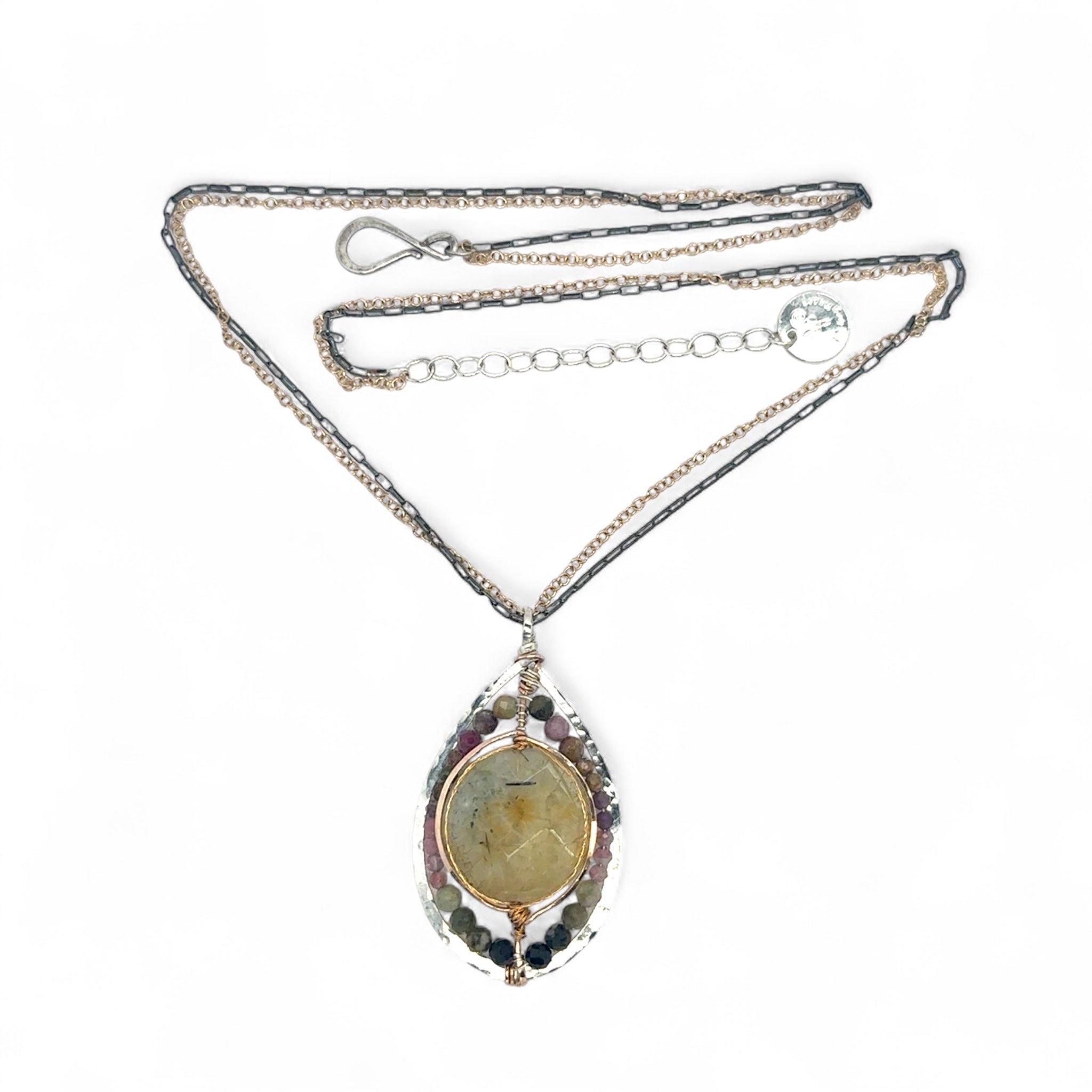 Sterling silver drop necklace with round faceted prehnite gemstone, accented with watermelon tourmaline. Oxidized sterling silver and gold-filled delicate double chain