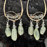 14k gold filled drop earrings lined with labradorite gemstones, with prehnite and crystal dangles