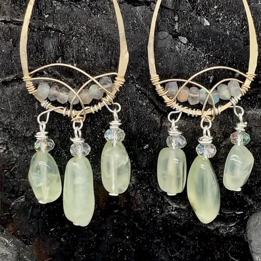 14k gold filled drop earrings lined with labradorite gemstones, with prehnite and crystal dangles
