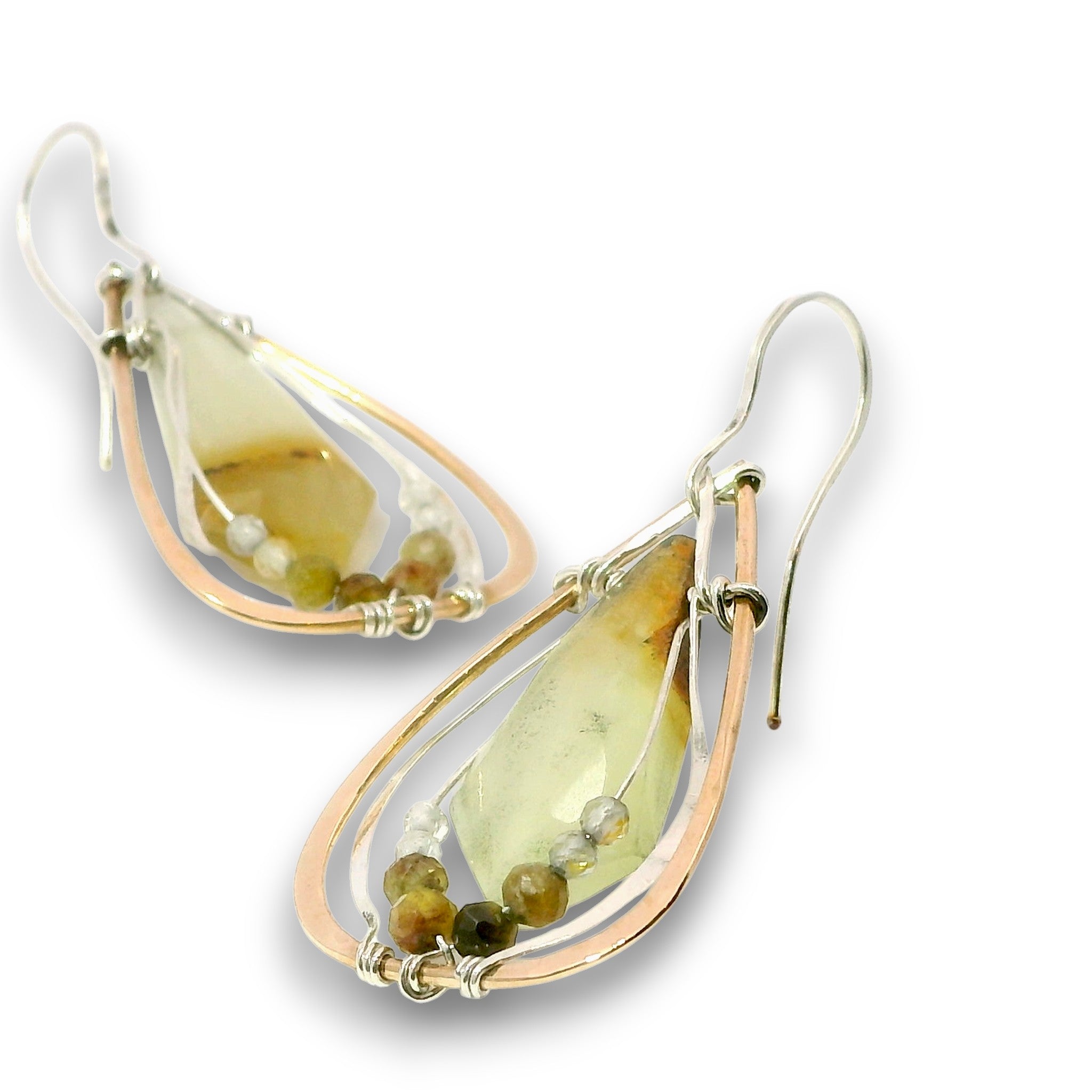 Teardrop shaped bronze earrings with serpentine jade diamond gemstones with rutilated quartz and green garnet accents on sterling silver wire