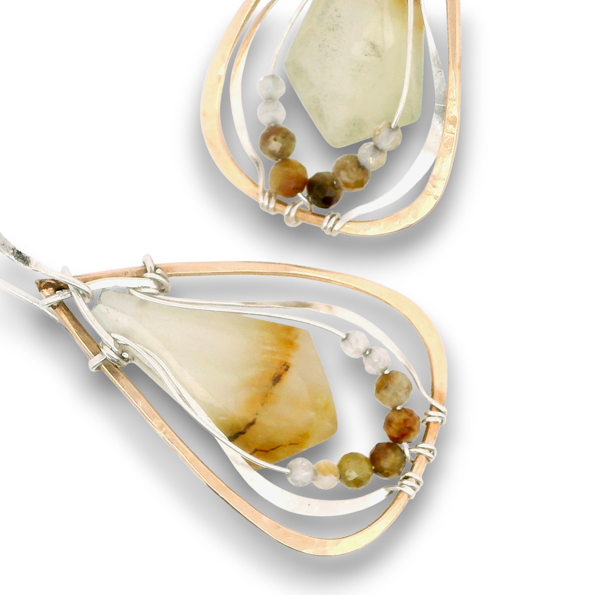 Teardrop shaped bronze earrings with serpentine jade diamond gemstones with rutilated quartz and green garnet accents on sterling silver wire