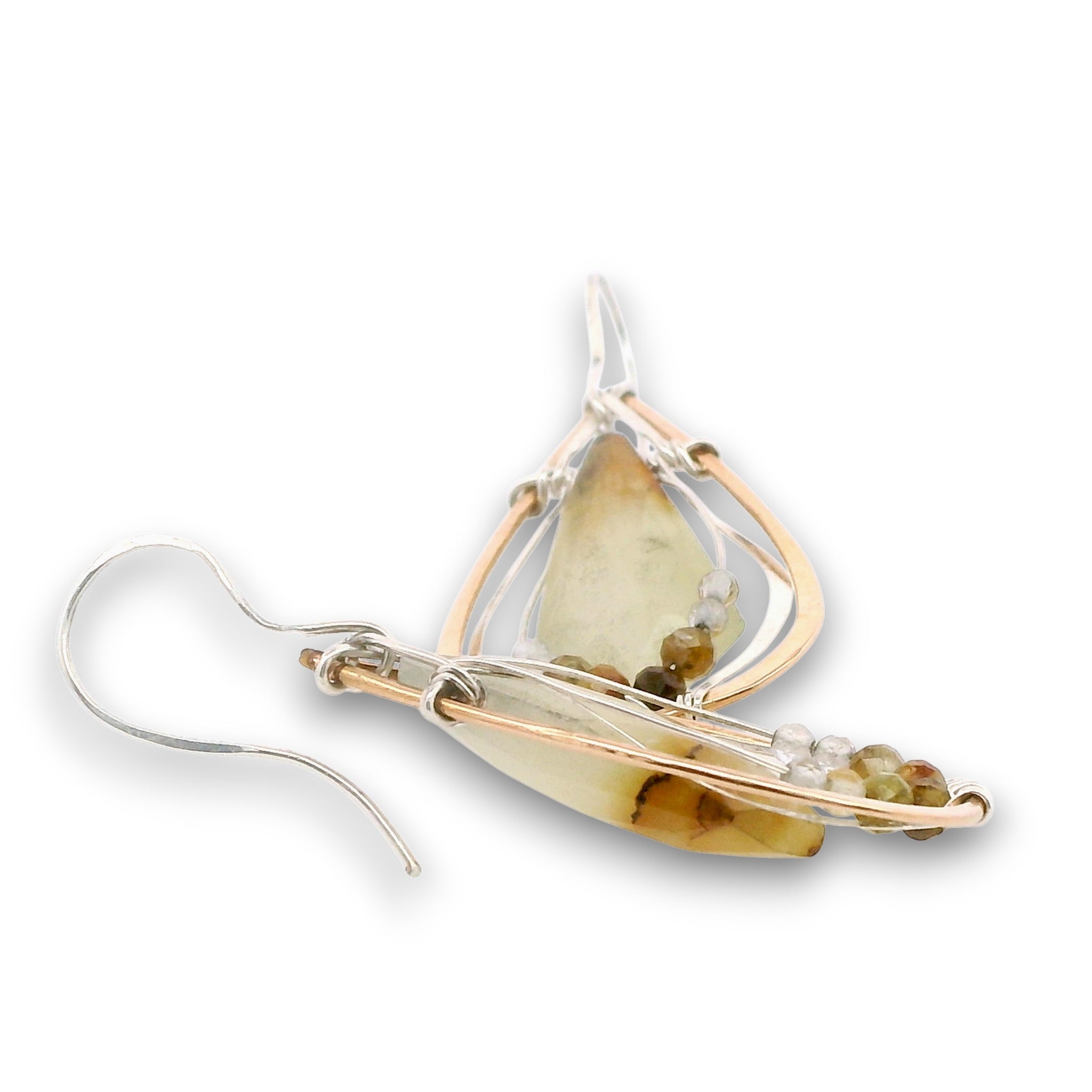 Teardrop shaped bronze earrings with serpentine jade diamond gemstones with rutilated quartz and green garnet accents on sterling silver wire