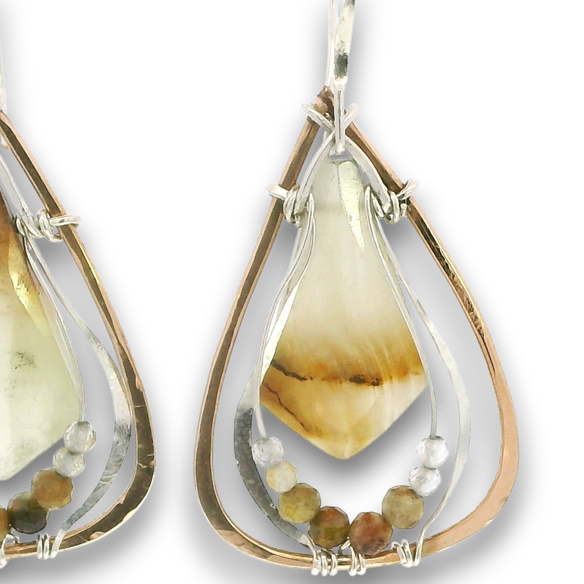 Teardrop shaped bronze earrings with serpentine jade diamond gemstones with rutilated quartz and green garnet accents on sterling silver wire