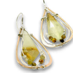 Teardrop shaped bronze earrings with serpentine jade diamond gemstones with rutilated quartz and green garnet accents on sterling silver wire