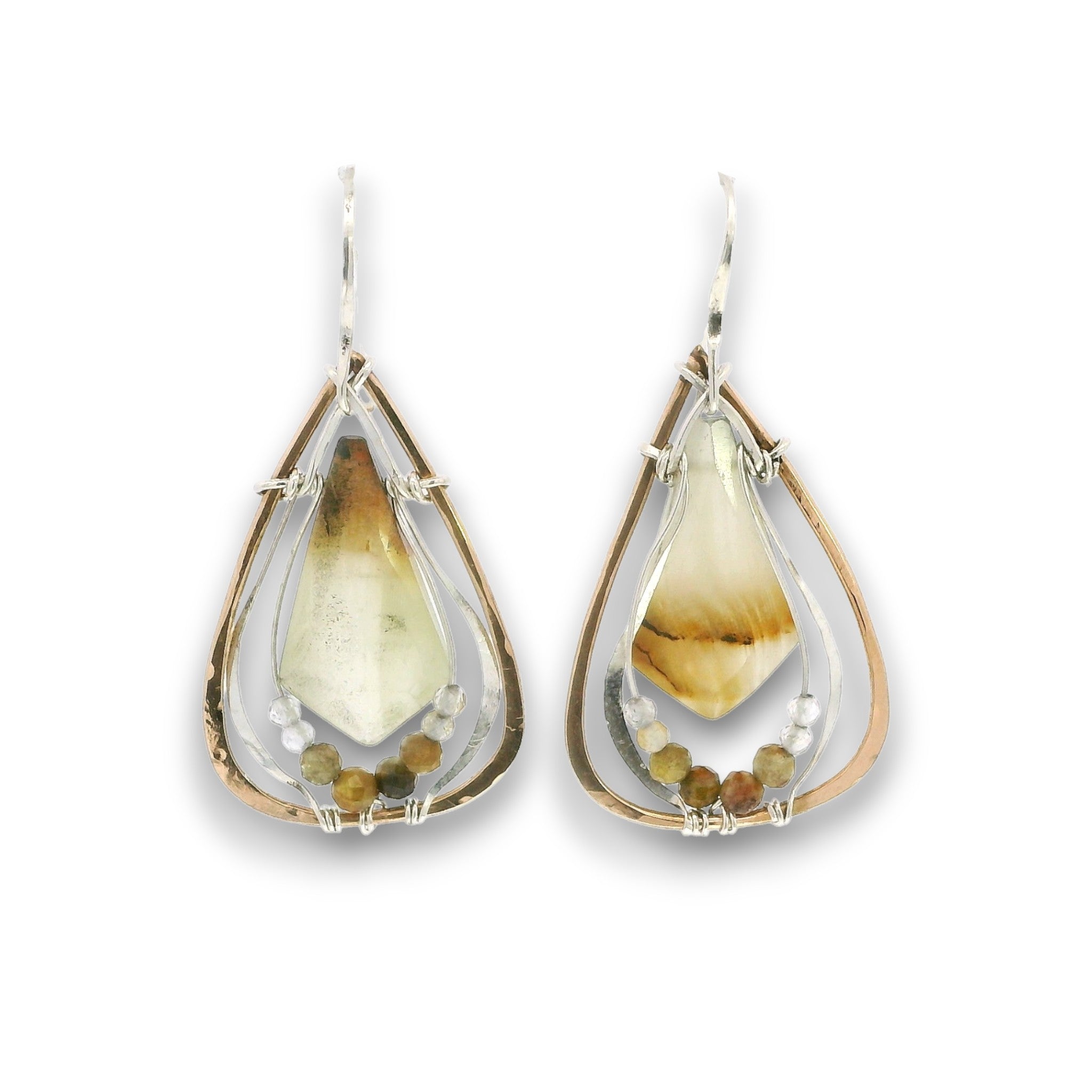 Teardrop shaped bronze earrings with serpentine jade diamond gemstones with rutilated quartz and green garnet accents on sterling silver wire