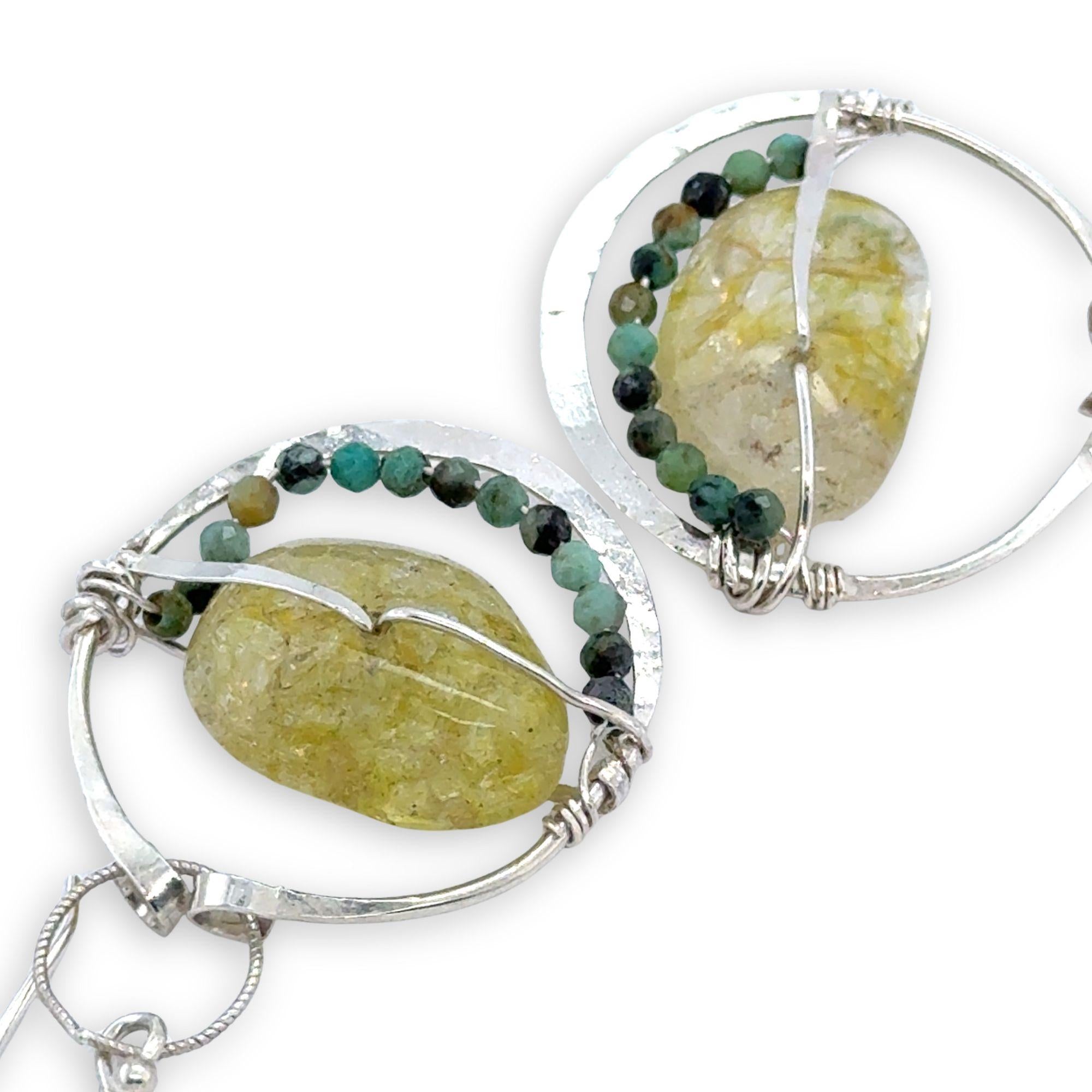 Sterling silver ring earrings with a faceted peridot smooth nugget gemstone with chrysocolla accent