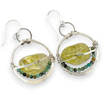 Sterling silver ring earrings with a faceted peridot smooth nugget gemstone with chrysocolla accent